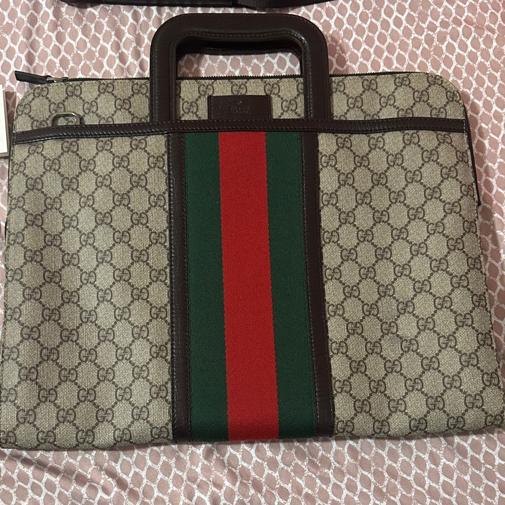 Gucci Brown/Beige GG Supremes Canvas and Leather Web Business Briefcase Bag